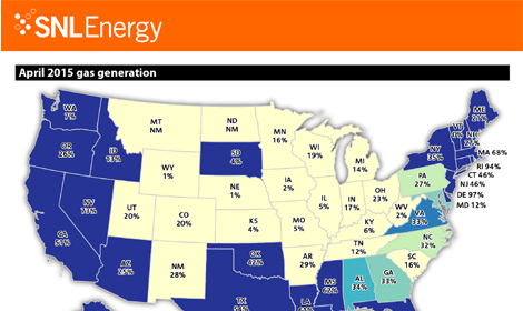 Map of natural gas generation by state - April 2015